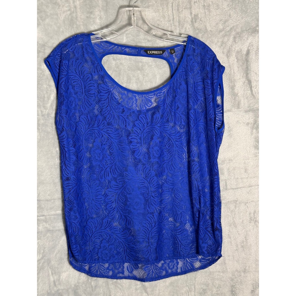Express Royal Blue Floral Lace Keyhole Back Sheer Sleeveless Blouse oversized XS